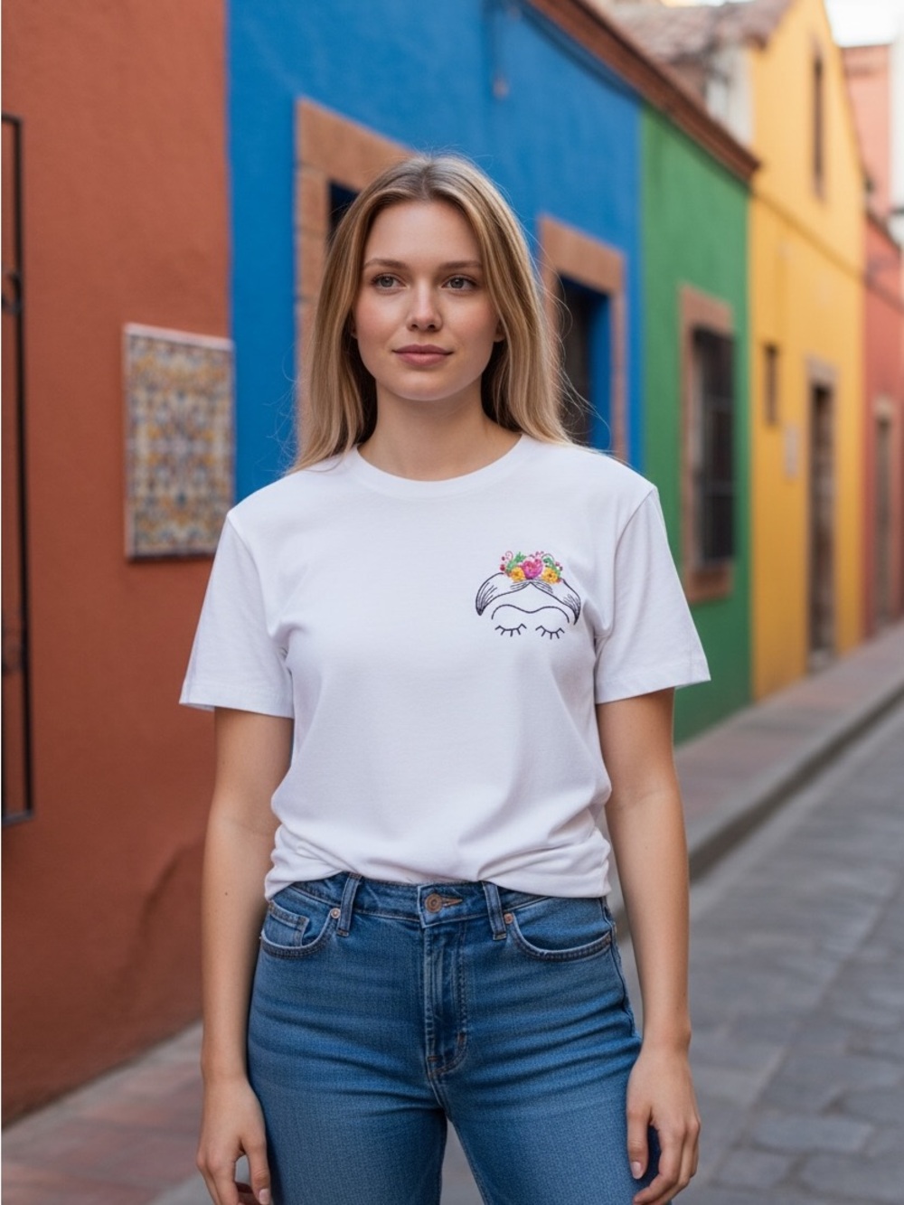 Frida Hand Embroidered White Floral Eyebrow Embroidered Tee Cotton